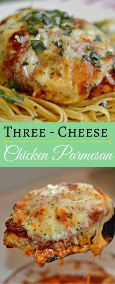 three cheese chicken parmesan casserole is on a plate with a fork