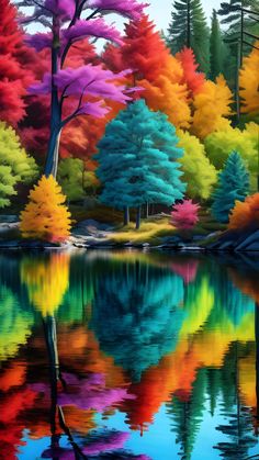 the colorful trees are reflected in the water