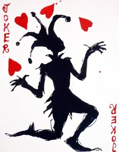 a black and red drawing of a devil holding hearts