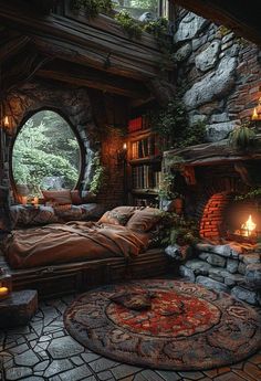 a bed room with a fire place next to a stone wall and an arched window