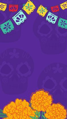 the day of the dead skulls and flowers are on purple background with orange, red, yellow and blue decorations