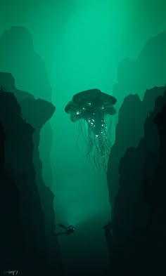 an underwater scene with a jellyfish in the water