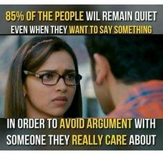 a woman with glasses talking to a man in front of her and the caption says, 85 % of the people will remain quiet even when they want to say something