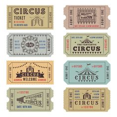 vintage circus tickets set in different colors