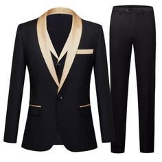 (eBay) Find many great new & used options and get the best deals for Men's Performance Dress Suit One Button Coat+Pants Performance Suit Set 3 pics at the best online prices at eBay! Free shipping for many products! Wedding Suits Men Black, Gold Tuxedo, Black Suit Vest, Best Wedding Suits, Prom For Guys, Homecoming Suits, Prom Suits For Men, Gold Suit, Mens Fashion Wedding