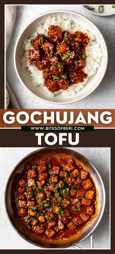 two plates with different types of food on top of each other and the words gochuang tofu above them