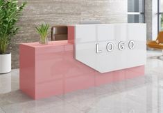 an office lobby with pink and white reception desks, potted plants and large windows