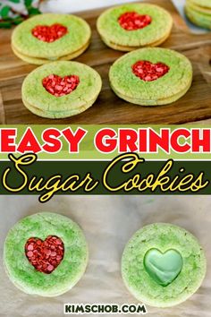 easy grino sugar cookies with green frosting and red glitter hearts