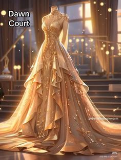 Dawn Court Fashion, Aesthetic Royal Dress, Dresses Fantasy Fairytale, Fantasy Dress Queens Goddesses, Fantasy Dresses Aesthetic, Fantasy Royalty Clothes, Royal Fantasy Dress, Fantasy Ball Dress, Princess Gowns Aesthetic