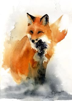 a watercolor painting of an orange fox