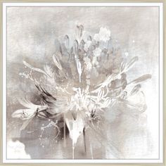 an abstract floral painting with white and gray colors