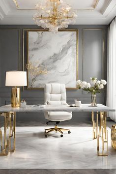 an elegant office with marble walls and gold accents, white leather chairs and a chandelier