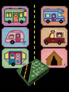 the cross stitch pattern shows different types of buses and campervans, as well as an arrow