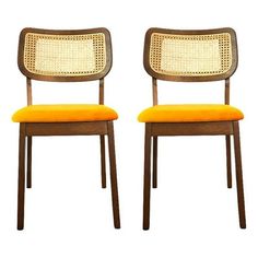 two wooden chairs with yellow upholstered seats on each one and the other side