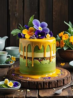 a cake with yellow icing and purple pansies on top, sitting on a wooden table