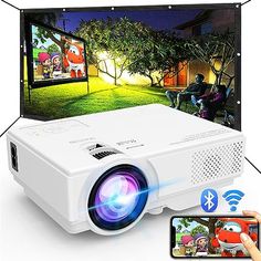 an image of a home theater projector with wifi connected to it and someone holding a cell phone