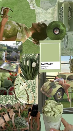 a collage with green and white pictures, including flowers, plants, and people