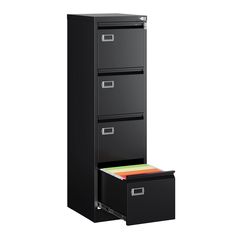 a filing cabinet with two drawers and file folders in front of the door open