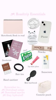 Coquette/Pink/Cute/Whats in my bag/Road trip essentials Plane Essentials, Trip Necessities, Road Trip Necessities, Trip Essentials Packing Lists, Sleepover Essentials, Road Trip Bag, Road Trip Kit, Trip Bag