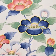 an artistic painting of flowers and leaves on a white background with blue, pink, yellow and green colors