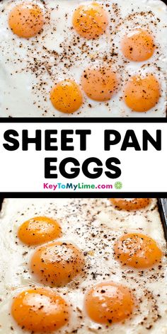 an egg pan with eggs in it and the words, sheet pan eggs on top