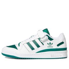 The adidas Forum Low 'White Collegiate Green' is the perfect sneaker for those looking to take their performance to the next level. With a classic adidas team color scheme that emphasizes the importance of collaboration, the leather upper and colorful accents pay homage to the Forum's traditional roots. The rubber sole provides superior traction and durability, making it ideal for any activity. Drawing inspiration from the Forum series, this sneaker is designed to help you reach your goals throu Adidas Sneakers With Three Stripes And White Sole, Green Sneakers With Three Stripes And Round Toe, Green High-top Sneakers With Three Stripes, Green High-top Sneakers With Three Stripes Branding, Leather Sneakers With Three Stripes For Streetwear, Low-top Green Sneakers With Three Stripes Branding, Classic Sneakers For Sports Events, Green Leather Sneakers With Three Stripes Branding, Sporty High-top Sneakers With Rubber Sole For Sports Events