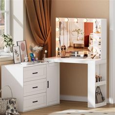 a white vanity table with drawers and lights on it next to a window in a room