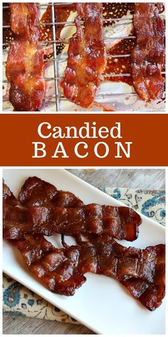 candied bacon on a white plate with the title above it