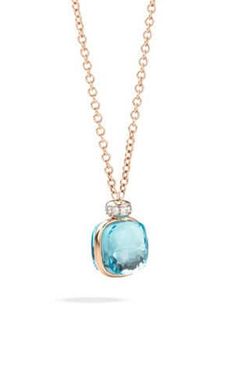 Pomellato Nudo Pink Gold Sky Blue Topaz and Diamond Necklace PCC2022O6WHRDB0OY. Two gemstones are seamlessly bonded back-to-back and girded at the centre by a band of gold, giving twice the play of light and adding new colour experiences thanks to the house’s unique Clessidra cut. Necklace with p... Pomellato Ring, Pink Gold Necklace, Gold Skies, Diamond Accessories, Pasquale Bruni, Cushion Diamond, Sky Blue Topaz, Square Diamond, Brown Diamond