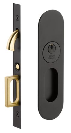 an image of a door handle and latch on a black door with gold accents, isolated against a white background