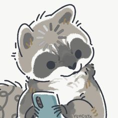 a drawing of a raccoon holding a book and looking at it's screen