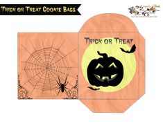 a trick or treat bag with a pumpkin on it and spider web in the background