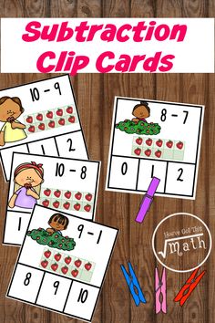 the subtraction clip cards are filled with numbers and pictures to help students learn how to