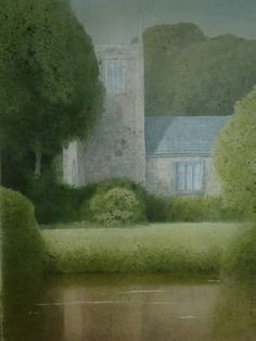 an image of a painting of a house by the water with trees and bushes around it