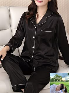 Night Suit For Women, Black Pajamas, Pajama Fashion, Cute Sleepwear, Cute Pajama Sets, Satin Sleepwear, Night Suit, Cute Pajamas