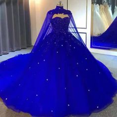 Ball Gown Prom Dress, Quinceanera Dresses Blue, Cape Wedding Dress, Blue Ball Gowns, Blue Ball, Applique Wedding, Applique Wedding Dress, Gown Prom