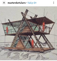 a drawing of a wooden structure with red flags on the top and bottom floors,