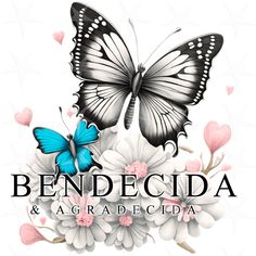 the logo for bendecida and arcadia, with two butterflies on top of flowers