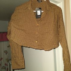 Plaid Short Top Long Sleeve Trendy Orange Shirt For Work, Trendy Yellow Fall Shirt, Trendy Yellow Shirt For Fall, Orange Fall Workwear Shirt, Trendy Brown Cotton Blouse, Orange Shirt For Fall Workwear, Orange Shirt For Workwear In Fall, Orange Collared Top For Fall, Orange Workwear Tops For Fall