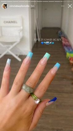 Coffin Blue Tip Nails, Acrylic Summer Nails Coffin French Tip, Blue Gradient Nails Acrylic, Summer Nail Inspo Coffin Blue, Summer Nail Inspo Coffin Long, Cinzia Bayliszullo Nails, Colorful French Tip Nails Coffin, French Tip Gradient Nails, Blue Summer Nails Square