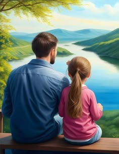 a father and daughter sitting on a bench looking at the water