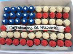 cupcakes with red, white and blue frosting in a box