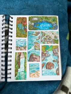 an open notebook with pictures of water and rocks on the pages, next to a stuffed animal