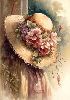 a painting of a hat with flowers on it