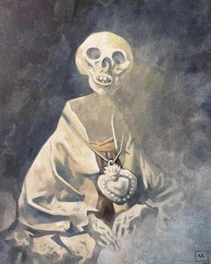 a painting of a skeleton holding a heart