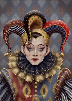 an artistic painting of a woman with large horns and headdress on her face