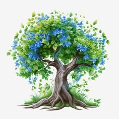 a tree with blue flowers and green leaves