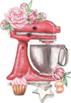 a drawing of a red mixer with pink roses on it and a star next to it