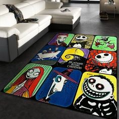 a living room area rug with cartoon characters on it and a couch in the background