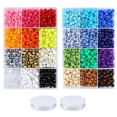 two plastic trays filled with lots of different colors of bead spacer beads